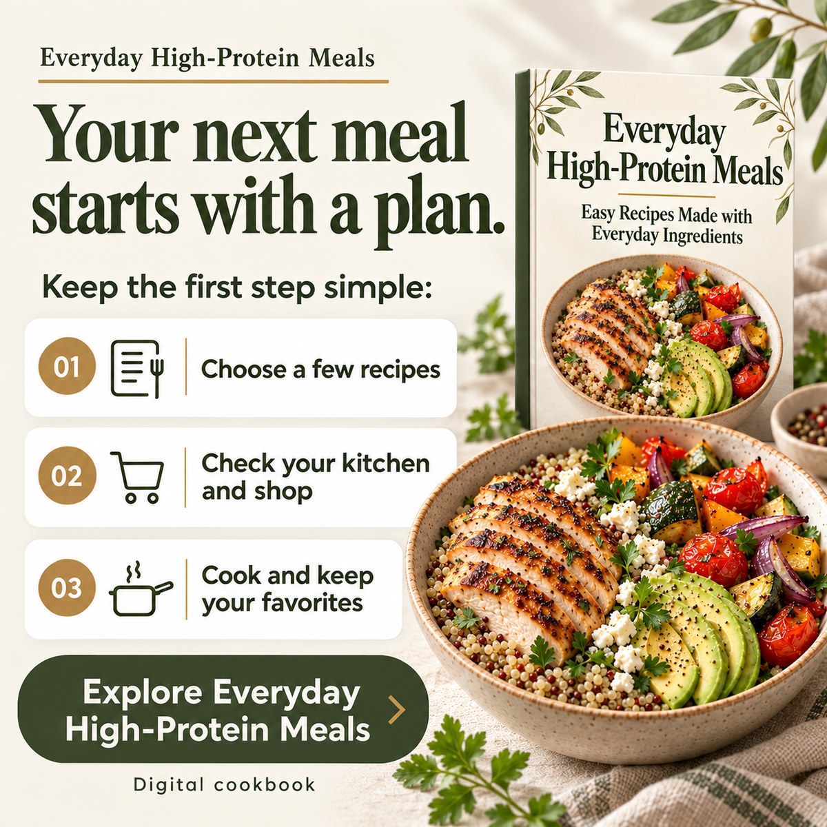 Everyday High-Protein Meals: choose recipes, check your kitchen and shop, cook and keep favorites.