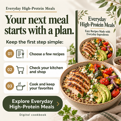 Everyday High-Protein Meals: choose recipes, check your kitchen and shop, cook and keep favorites.